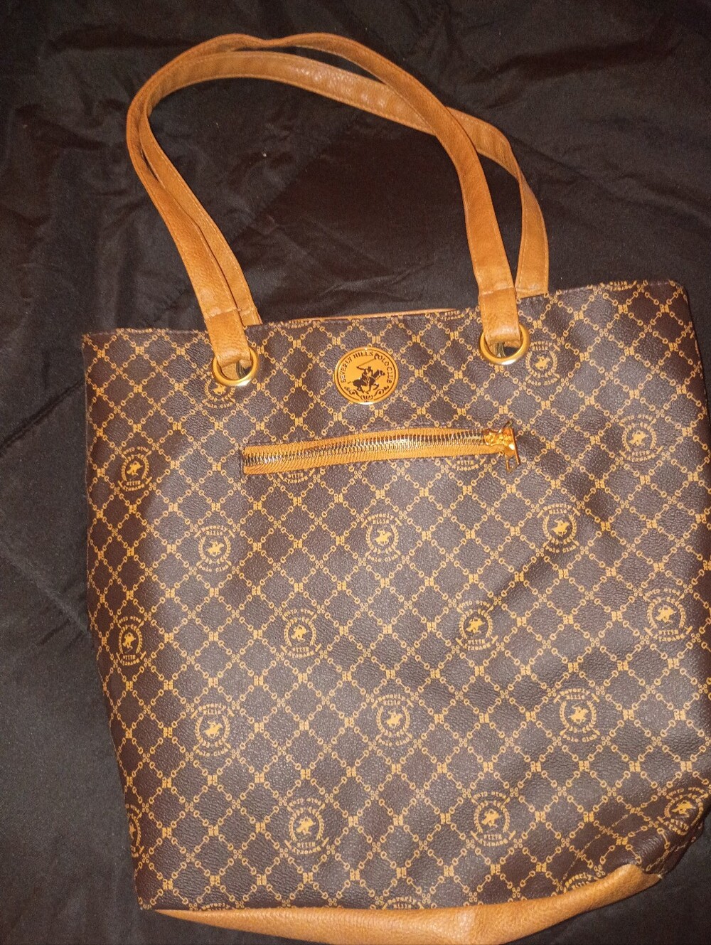 Brown Patterned Tote Bag with Tan Trim